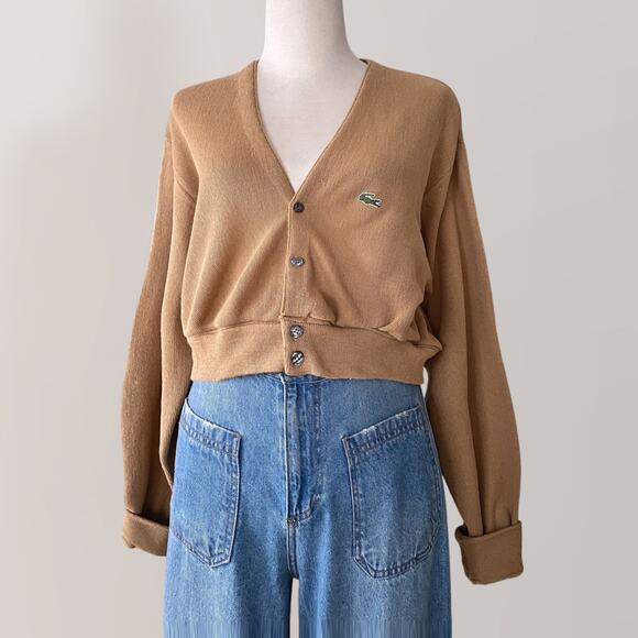 90s Lacoste Camel Cropped Cardigan Preppy Collegiate Oldmoney Minimalist Tan - Picture 4 of 12